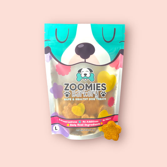 Zoomies Barkery's Wholesome Dog Treats: crafted with pure peanut butter, pumpkin puree, and rolled oats. Available in large & medium sizes for every pup. Perfect for training, rewarding, or sharing love. Order now & savor heartwarming moments with your furry friend