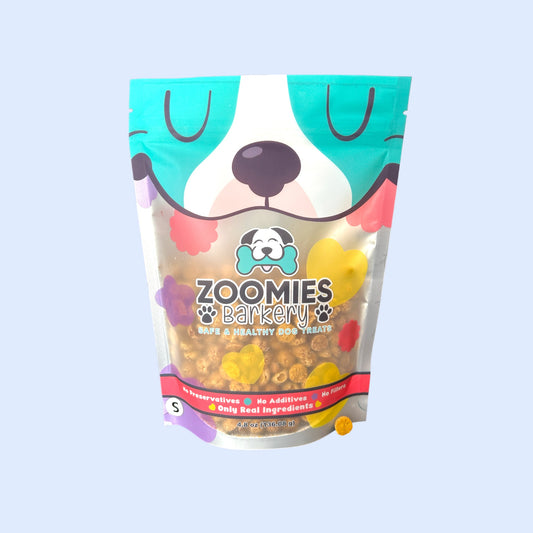 Zoomies Barkery's training dog treats: bite-sized delights for positive reinforcement. Perfect for teaching new tricks! Order now for tail-wagging success!